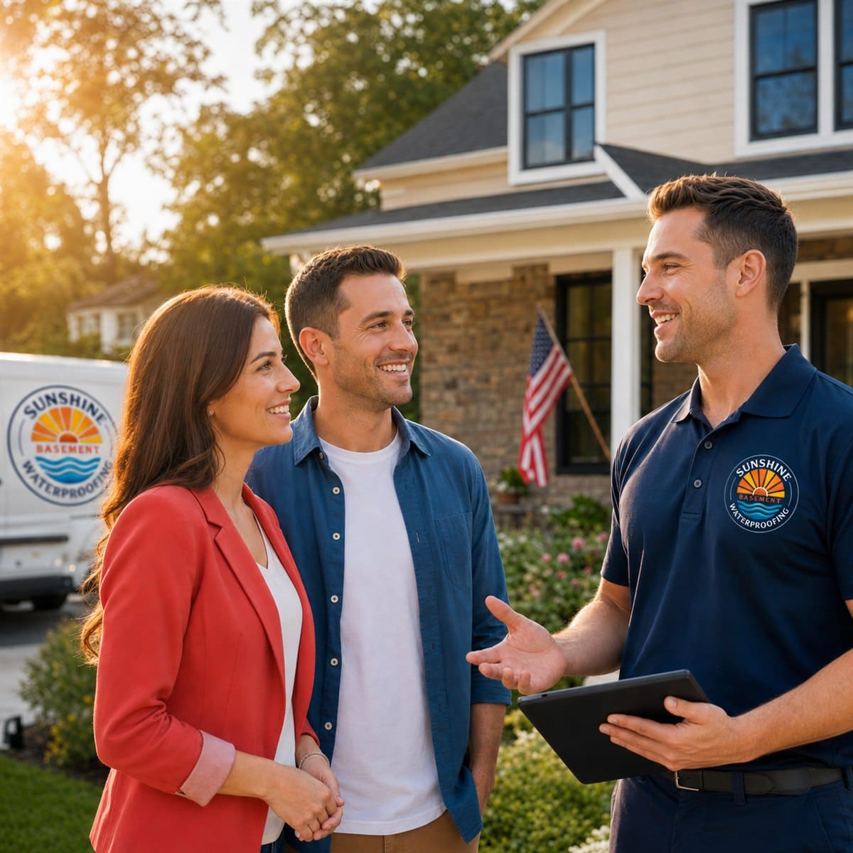 Sunshine Waterproofing technician meeting with homeowners during a free inspection